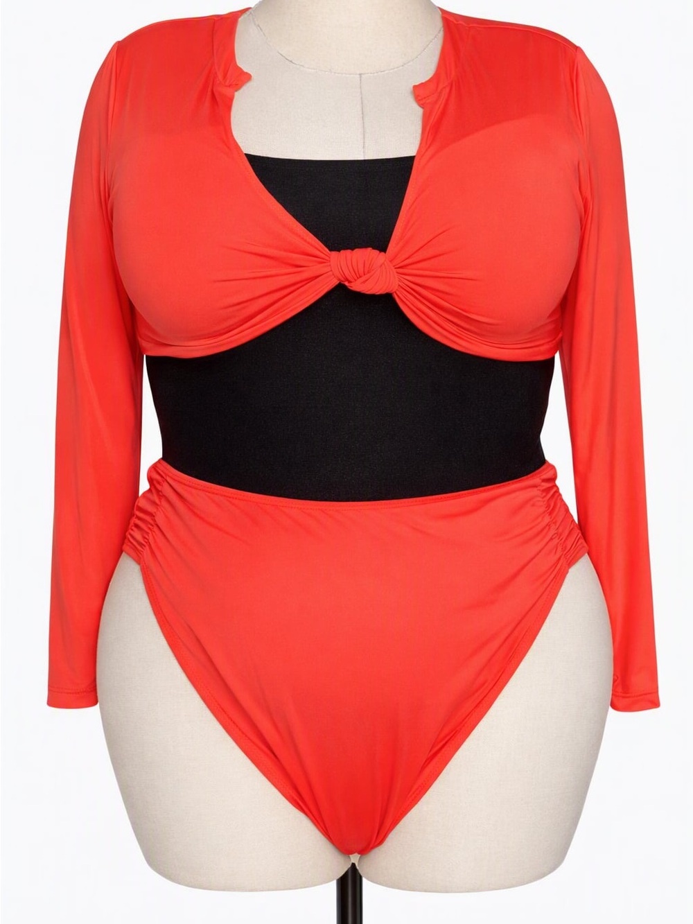 FASHION NOVA LONG‑SLEEVE KNOT‑FRONT BATHING SUIT — CORAL RED SIZE 3X